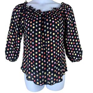 Pink Wheels Size Medium Blouse 3/4 Sleeve Black Multicolor Polka Dot Top Womens